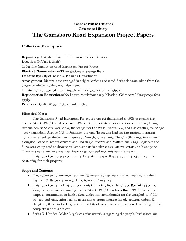 A Guide to the Papers of the Gainsboro Road Expansion Project.pdf A Guide to the Papers of the Gainsboro Road Expansion Project.pdf